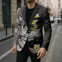 Brown and Black Hawaii Shark Tattoo Blazer Puakenikeni Lei Plumeria Polynesian Pattern LT14 - Polynesian Pride