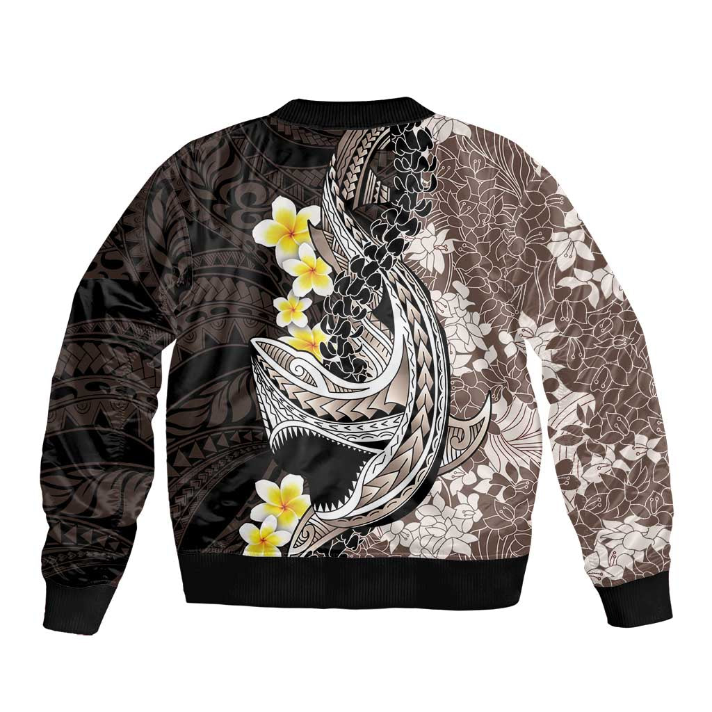 Brown and Black Hawaii Shark Tattoo Bomber Jacket Puakenikeni Lei Plumeria Polynesian Pattern - Polynesian Pride