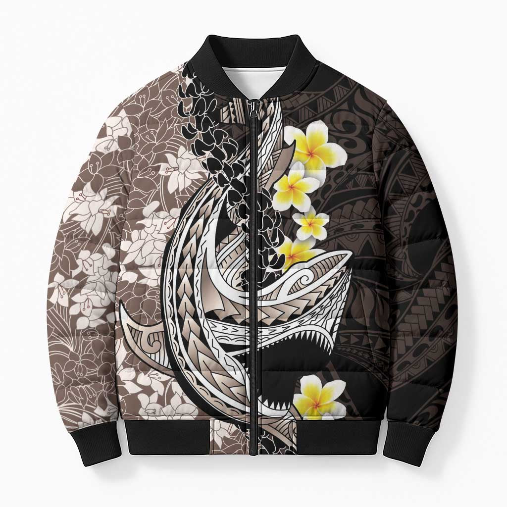 Brown and Black Hawaii Shark Tattoo Bomber Puffer Jacket Puakenikeni Lei Plumeria Polynesian Pattern LT14 Unisex Black - Polynesian Pride
