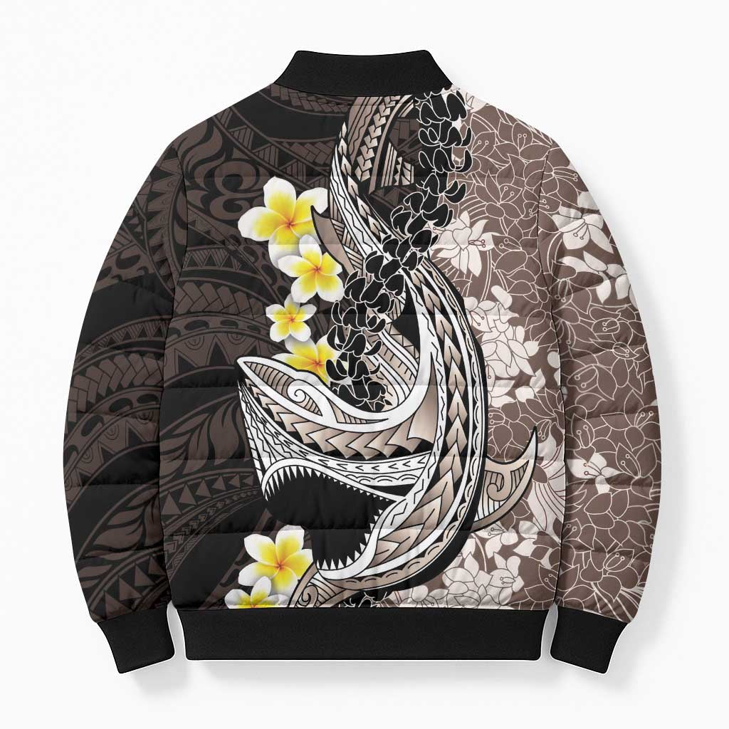 Brown and Black Hawaii Shark Tattoo Bomber Puffer Jacket Puakenikeni Lei Plumeria Polynesian Pattern LT14 - Polynesian Pride