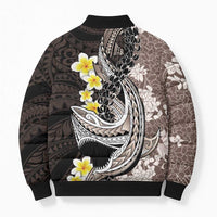 Brown and Black Hawaii Shark Tattoo Bomber Puffer Jacket Puakenikeni Lei Plumeria Polynesian Pattern LT14 - Polynesian Pride