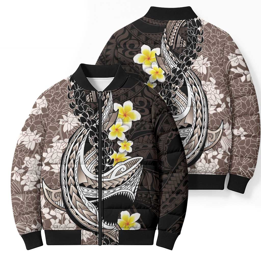 Brown and Black Hawaii Shark Tattoo Bomber Puffer Jacket Puakenikeni Lei Plumeria Polynesian Pattern LT14 - Polynesian Pride