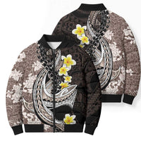 Brown and Black Hawaii Shark Tattoo Bomber Puffer Jacket Puakenikeni Lei Plumeria Polynesian Pattern LT14 - Polynesian Pride