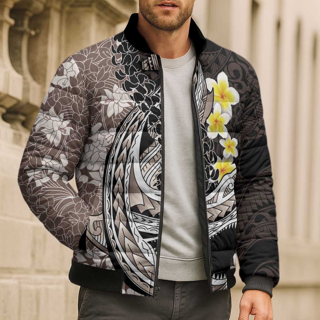 Brown and Black Hawaii Shark Tattoo Bomber Puffer Jacket Puakenikeni Lei Plumeria Polynesian Pattern LT14 - Polynesian Pride