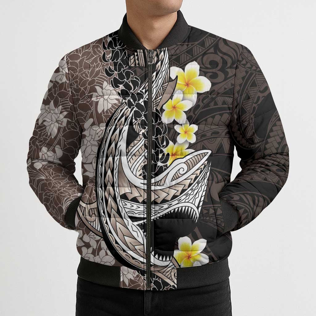 Brown and Black Hawaii Shark Tattoo Bomber Puffer Jacket Puakenikeni Lei Plumeria Polynesian Pattern LT14 - Polynesian Pride