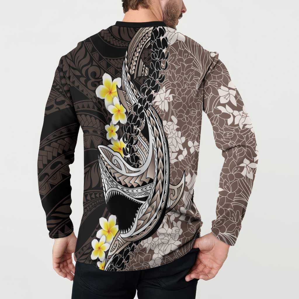 Brown and Black Hawaii Shark Tattoo Button Sweatshirt Puakenikeni Lei Plumeria Polynesian Pattern - Polynesian Pride