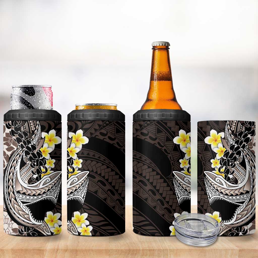 Brown and Black Hawaii Shark Tattoo 4 in 1 Can Cooler Tumbler Puakenikeni Lei Plumeria Polynesian Pattern - Polynesian Pride