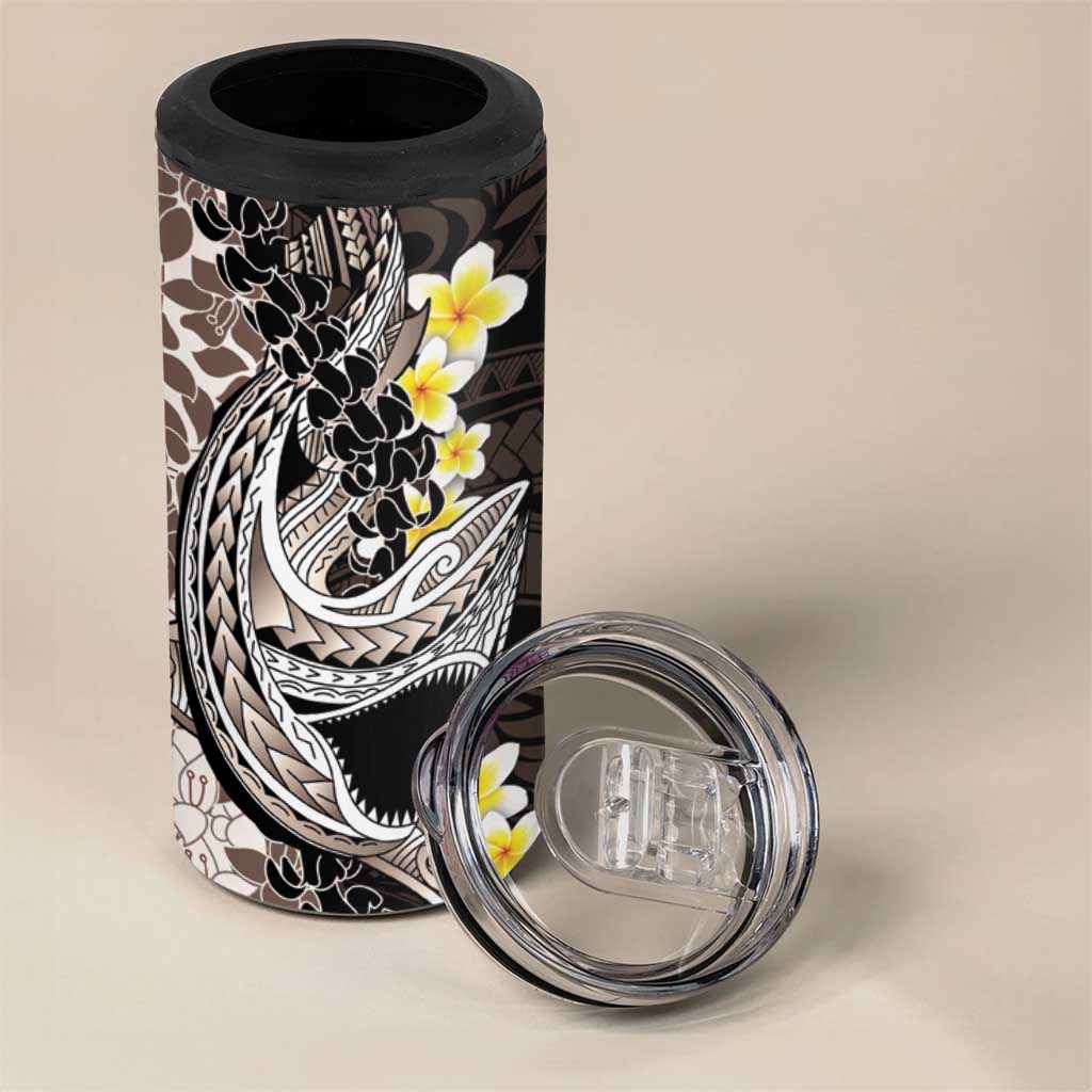 Brown and Black Hawaii Shark Tattoo 4 in 1 Can Cooler Tumbler Puakenikeni Lei Plumeria Polynesian Pattern - Polynesian Pride