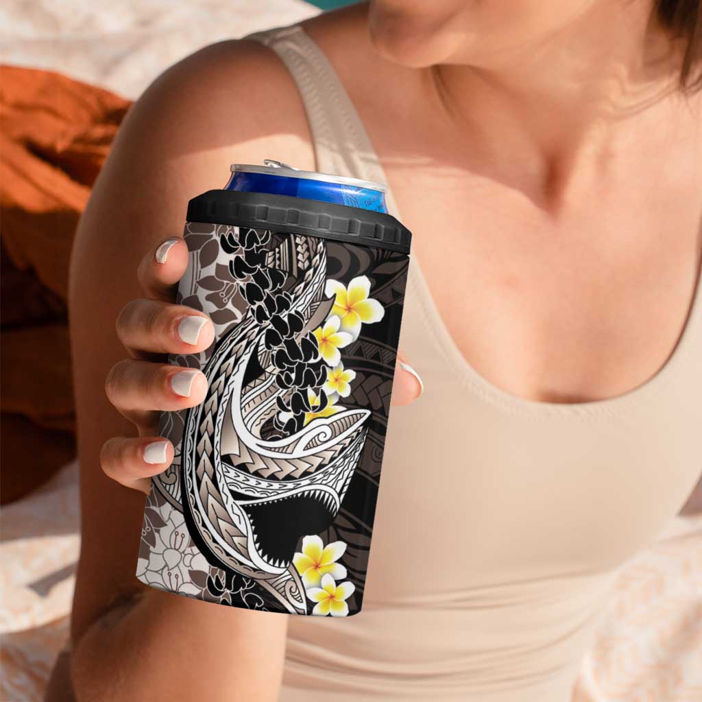 Brown and Black Hawaii Shark Tattoo 4 in 1 Can Cooler Tumbler Puakenikeni Lei Plumeria Polynesian Pattern - Polynesian Pride
