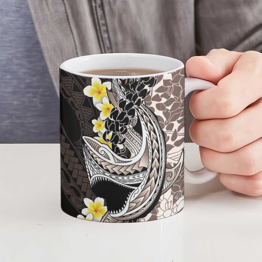 Brown and Black Hawaii Shark Tattoo Ceramic Mug Puakenikeni Lei Plumeria Polynesian Pattern - Polynesian Pride