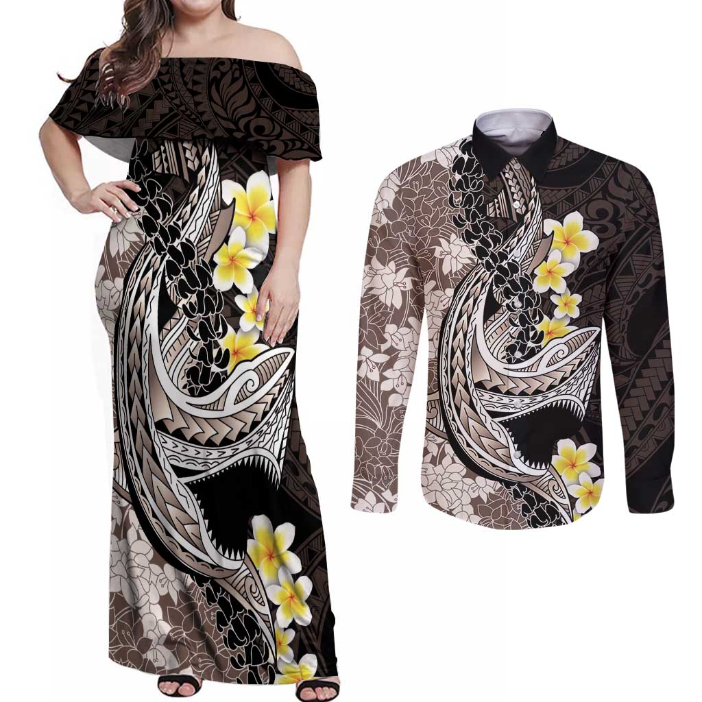 Brown and Black Hawaii Shark Tattoo Couples Matching Off Shoulder Maxi Dress and Long Sleeve Button Shirt Puakenikeni Lei Plumeria Polynesian Pattern - Polynesian Pride