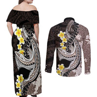 Brown and Black Hawaii Shark Tattoo Couples Matching Off Shoulder Maxi Dress and Long Sleeve Button Shirt Puakenikeni Lei Plumeria Polynesian Pattern - Polynesian Pride