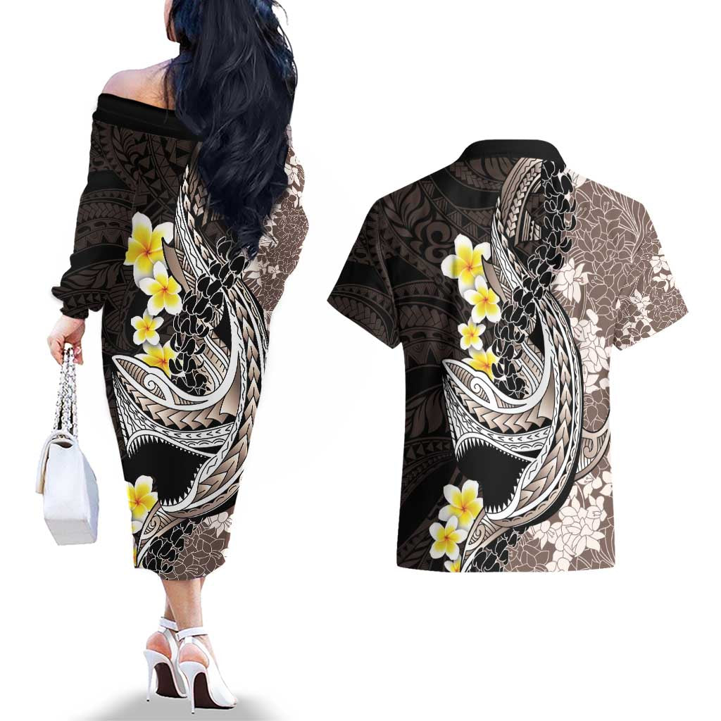 Brown and Black Hawaii Shark Tattoo Couples Matching Off The Shoulder Long Sleeve Dress and Hawaiian Shirt Puakenikeni Lei Plumeria Polynesian Pattern - Polynesian Pride