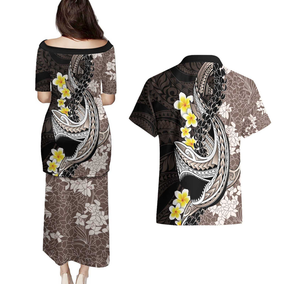 Brown and Black Hawaii Shark Tattoo Couples Matching Puletasi and Hawaiian Shirt Puakenikeni Lei Plumeria Polynesian Pattern - Polynesian Pride