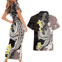 Brown and Black Hawaii Shark Tattoo Couples Matching Short Sleeve Bodycon Dress and Hawaiian Shirt Puakenikeni Lei Plumeria Polynesian Pattern - Polynesian Pride