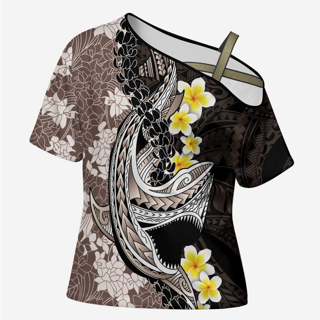 Brown and Black Hawaii Shark Tattoo Cross Shoulder Shirt Puakenikeni Lei Plumeria Polynesian Pattern LT14 Female Black - Polynesian Pride