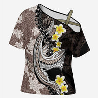 Brown and Black Hawaii Shark Tattoo Cross Shoulder Shirt Puakenikeni Lei Plumeria Polynesian Pattern LT14 Female Black - Polynesian Pride