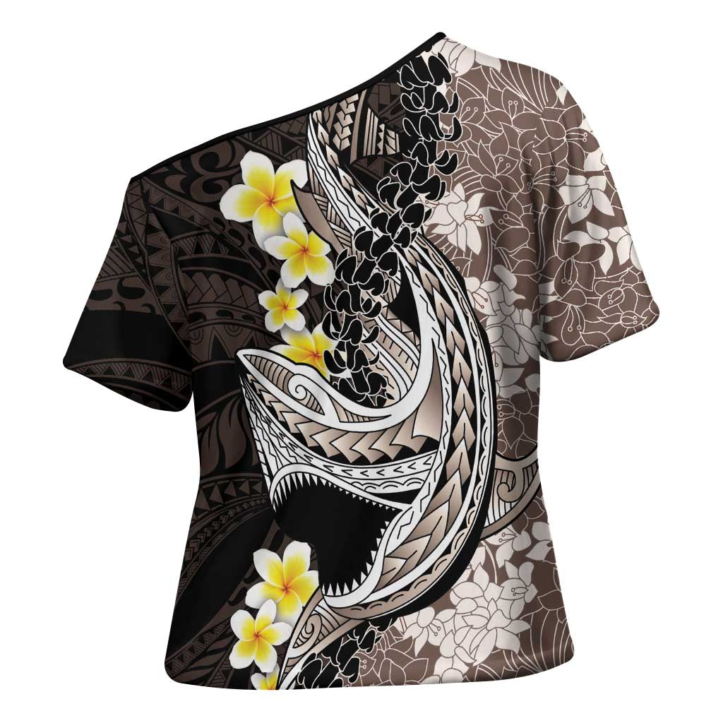 Brown and Black Hawaii Shark Tattoo Cross Shoulder Shirt Puakenikeni Lei Plumeria Polynesian Pattern LT14 - Polynesian Pride