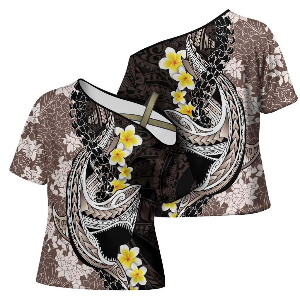 Brown and Black Hawaii Shark Tattoo Cross Shoulder Shirt Puakenikeni Lei Plumeria Polynesian Pattern LT14 - Polynesian Pride