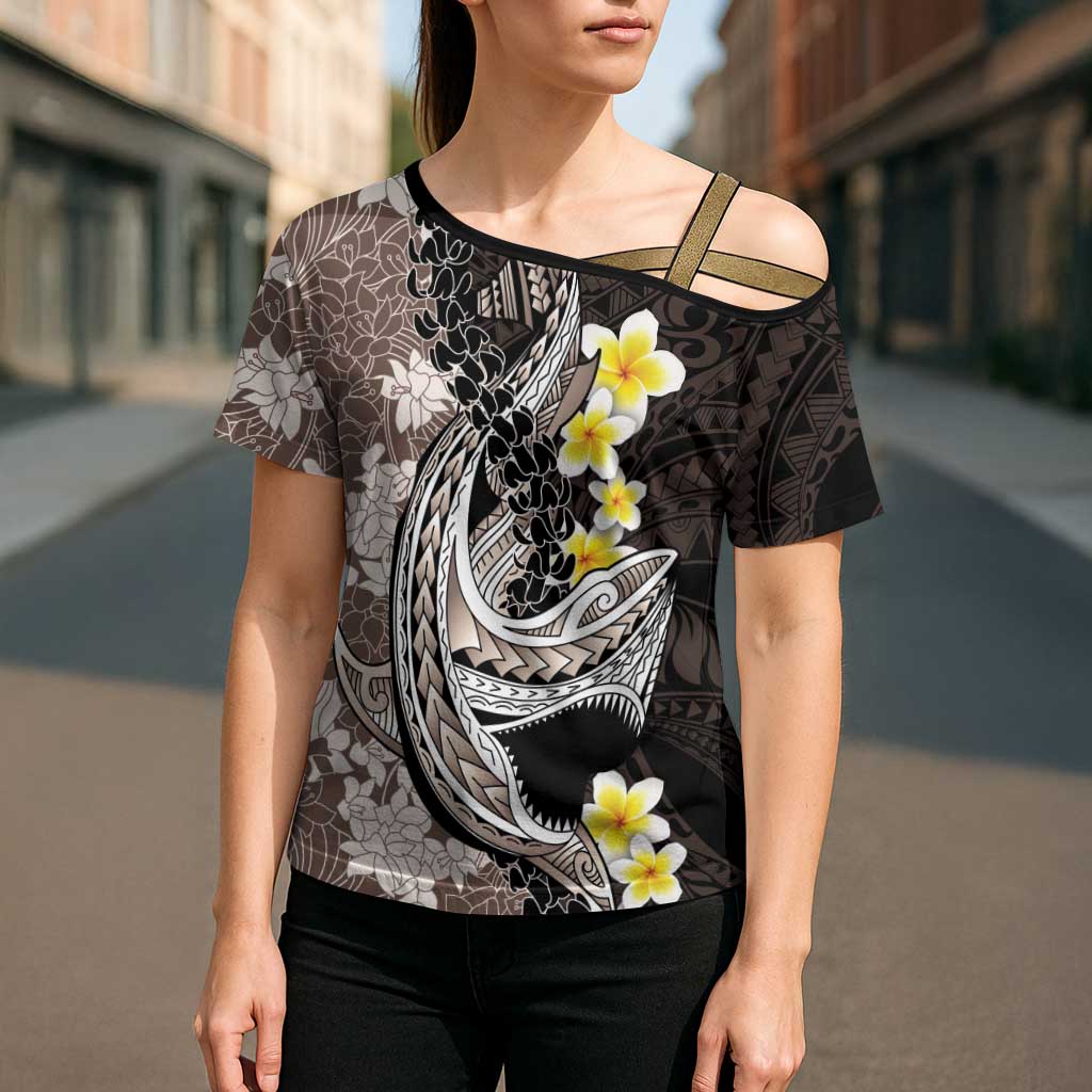 Brown and Black Hawaii Shark Tattoo Cross Shoulder Shirt Puakenikeni Lei Plumeria Polynesian Pattern LT14 - Polynesian Pride