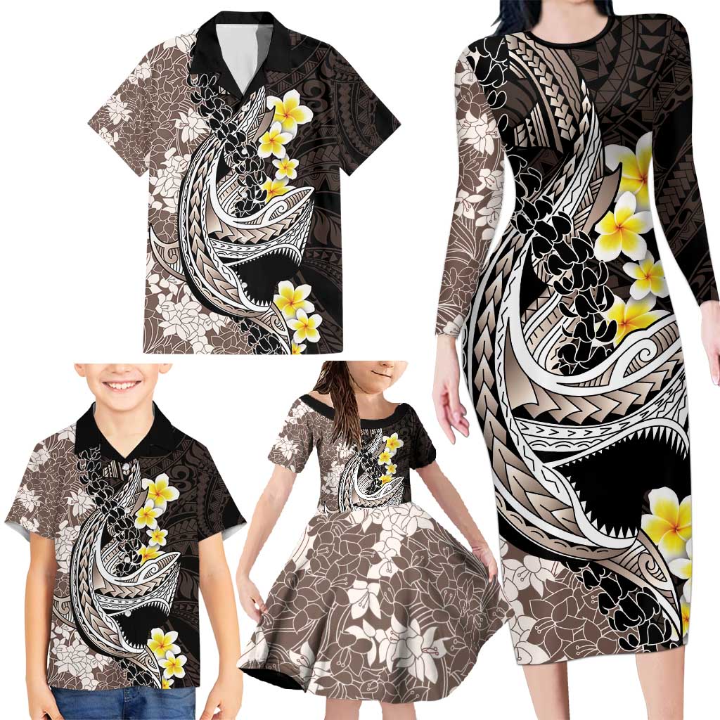 Brown and Black Hawaii Shark Tattoo Family Matching Long Sleeve Bodycon Dress and Hawaiian Shirt Puakenikeni Lei Plumeria Polynesian Pattern - Polynesian Pride