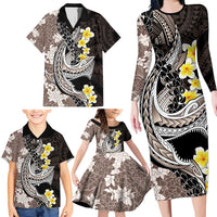 Brown and Black Hawaii Shark Tattoo Family Matching Long Sleeve Bodycon Dress and Hawaiian Shirt Puakenikeni Lei Plumeria Polynesian Pattern - Polynesian Pride