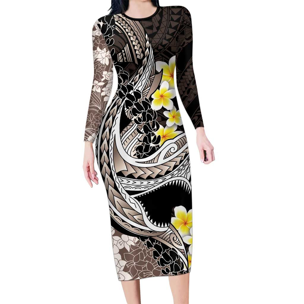 Brown and Black Hawaii Shark Tattoo Family Matching Long Sleeve Bodycon Dress and Hawaiian Shirt Puakenikeni Lei Plumeria Polynesian Pattern - Polynesian Pride