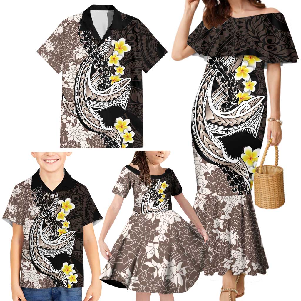 Brown and Black Hawaii Shark Tattoo Family Matching Mermaid Dress and Hawaiian Shirt Puakenikeni Lei Plumeria Polynesian Pattern - Polynesian Pride
