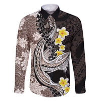 Brown and Black Hawaii Shark Tattoo Family Matching Mermaid Dress and Hawaiian Shirt Puakenikeni Lei Plumeria Polynesian Pattern - Polynesian Pride