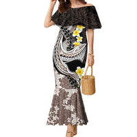 Brown and Black Hawaii Shark Tattoo Family Matching Mermaid Dress and Hawaiian Shirt Puakenikeni Lei Plumeria Polynesian Pattern - Polynesian Pride