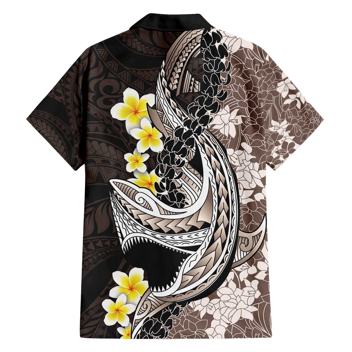 Brown and Black Hawaii Shark Tattoo Family Matching Off The Shoulder Long Sleeve Dress and Hawaiian Shirt Puakenikeni Lei Plumeria Polynesian Pattern - Polynesian Pride
