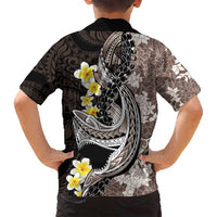 Brown and Black Hawaii Shark Tattoo Family Matching Off Shoulder Maxi Dress and Hawaiian Shirt Puakenikeni Lei Plumeria Polynesian Pattern - Polynesian Pride