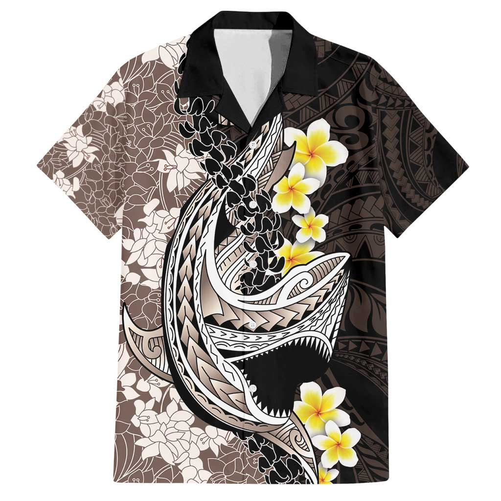 Brown and Black Hawaii Shark Tattoo Family Matching Off Shoulder Maxi Dress and Hawaiian Shirt Puakenikeni Lei Plumeria Polynesian Pattern - Polynesian Pride