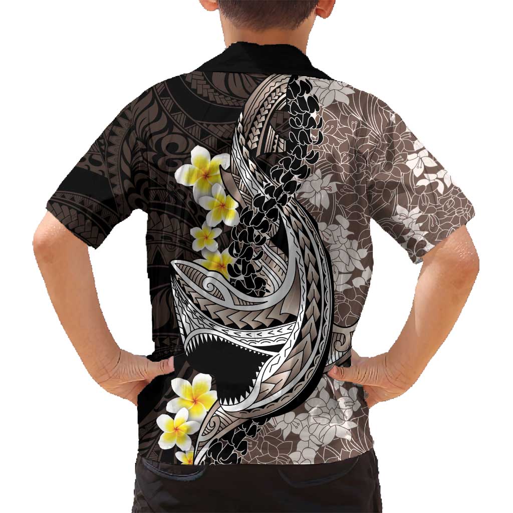Brown and Black Hawaii Shark Tattoo Family Matching Off Shoulder Short Dress and Hawaiian Shirt Puakenikeni Lei Plumeria Polynesian Pattern - Polynesian Pride