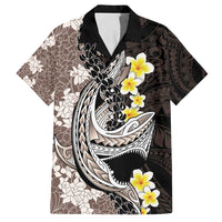 Brown and Black Hawaii Shark Tattoo Family Matching Short Sleeve Bodycon Dress and Hawaiian Shirt Puakenikeni Lei Plumeria Polynesian Pattern - Polynesian Pride