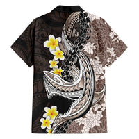 Brown and Black Hawaii Shark Tattoo Family Matching Short Sleeve Bodycon Dress and Hawaiian Shirt Puakenikeni Lei Plumeria Polynesian Pattern - Polynesian Pride