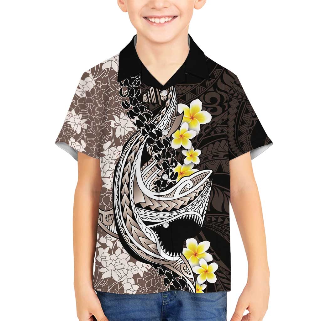 Brown and Black Hawaii Shark Tattoo Family Matching Summer Maxi Dress and Hawaiian Shirt Puakenikeni Lei Plumeria Polynesian Pattern - Polynesian Pride