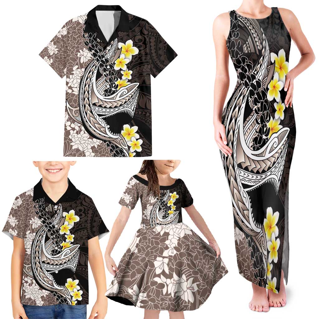 Brown and Black Hawaii Shark Tattoo Family Matching Tank Maxi Dress and Hawaiian Shirt Puakenikeni Lei Plumeria Polynesian Pattern - Polynesian Pride