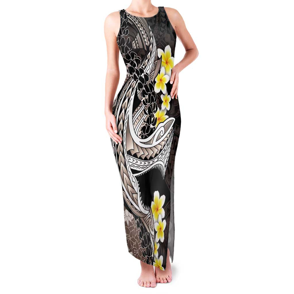 Brown and Black Hawaii Shark Tattoo Family Matching Tank Maxi Dress and Hawaiian Shirt Puakenikeni Lei Plumeria Polynesian Pattern - Polynesian Pride