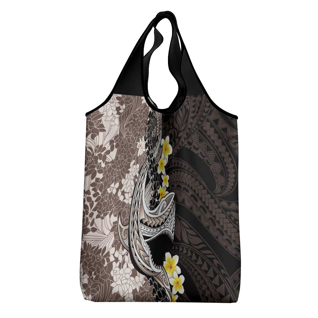 Brown and Black Hawaii Shark Tattoo Grocery Bag Puakenikeni Lei Plumeria Polynesian Pattern - Polynesian Pride