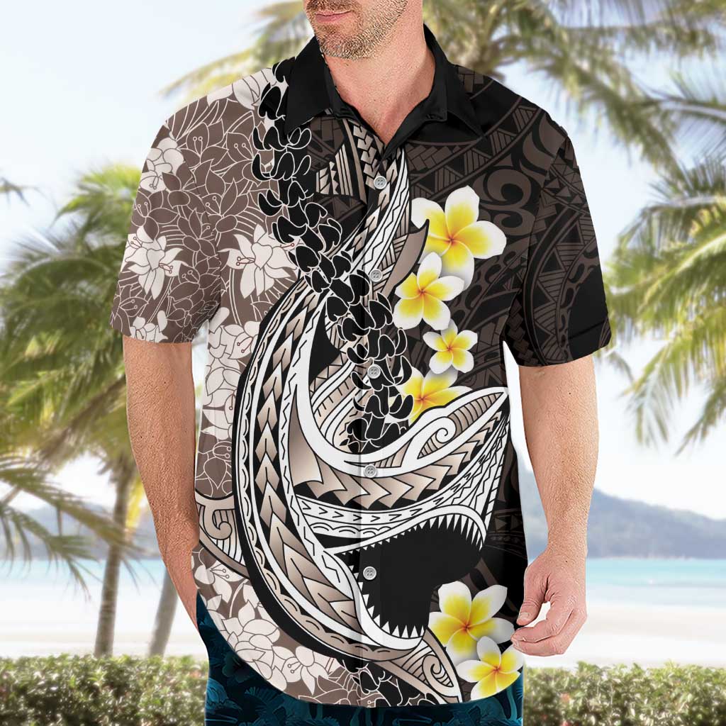 Brown and Black Hawaii Shark Tattoo Hawaiian Shirt Puakenikeni Lei Plumeria Polynesian Pattern - Polynesian Pride