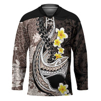 Brown and Black Hawaii Shark Tattoo Hockey Jersey Puakenikeni Lei Plumeria Polynesian Pattern - Polynesian Pride