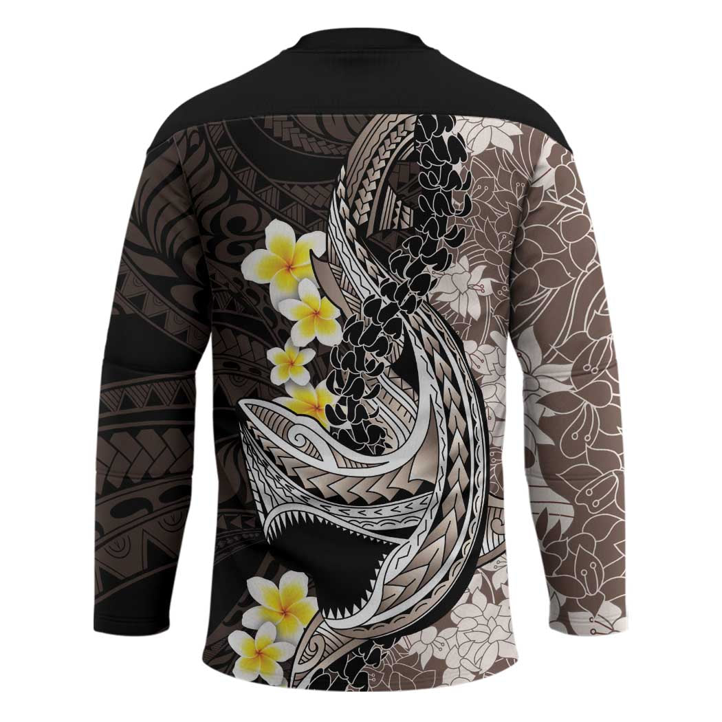 Brown and Black Hawaii Shark Tattoo Hockey Jersey Puakenikeni Lei Plumeria Polynesian Pattern - Polynesian Pride
