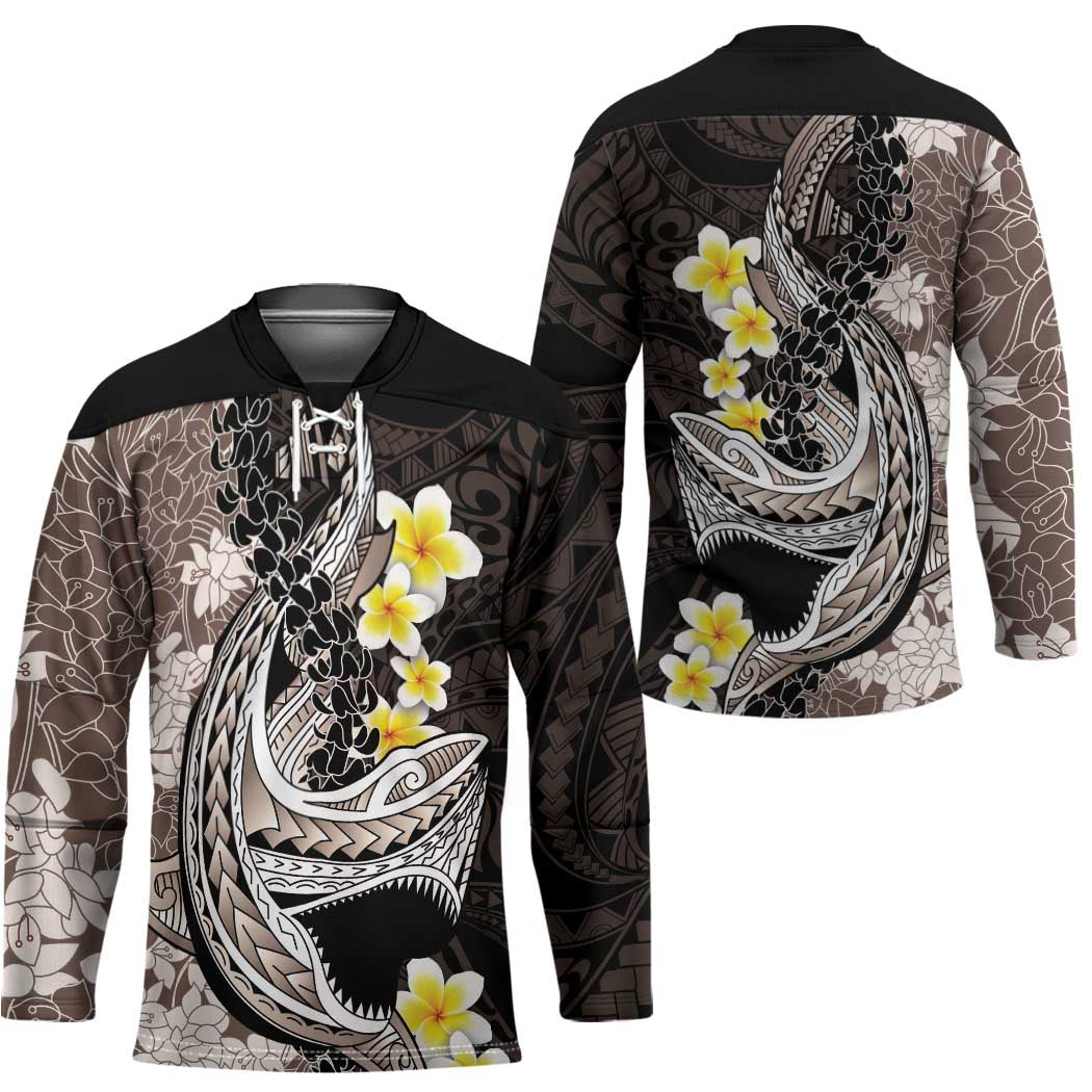 Brown and Black Hawaii Shark Tattoo Hockey Jersey Puakenikeni Lei Plumeria Polynesian Pattern - Polynesian Pride