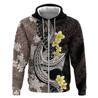 Brown and Black Hawaii Shark Tattoo Hoodie Puakenikeni Lei Plumeria Polynesian Pattern - Polynesian Pride