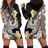 Brown and Black Hawaii Shark Tattoo Hoodie Dress Puakenikeni Lei Plumeria Polynesian Pattern - Polynesian Pride