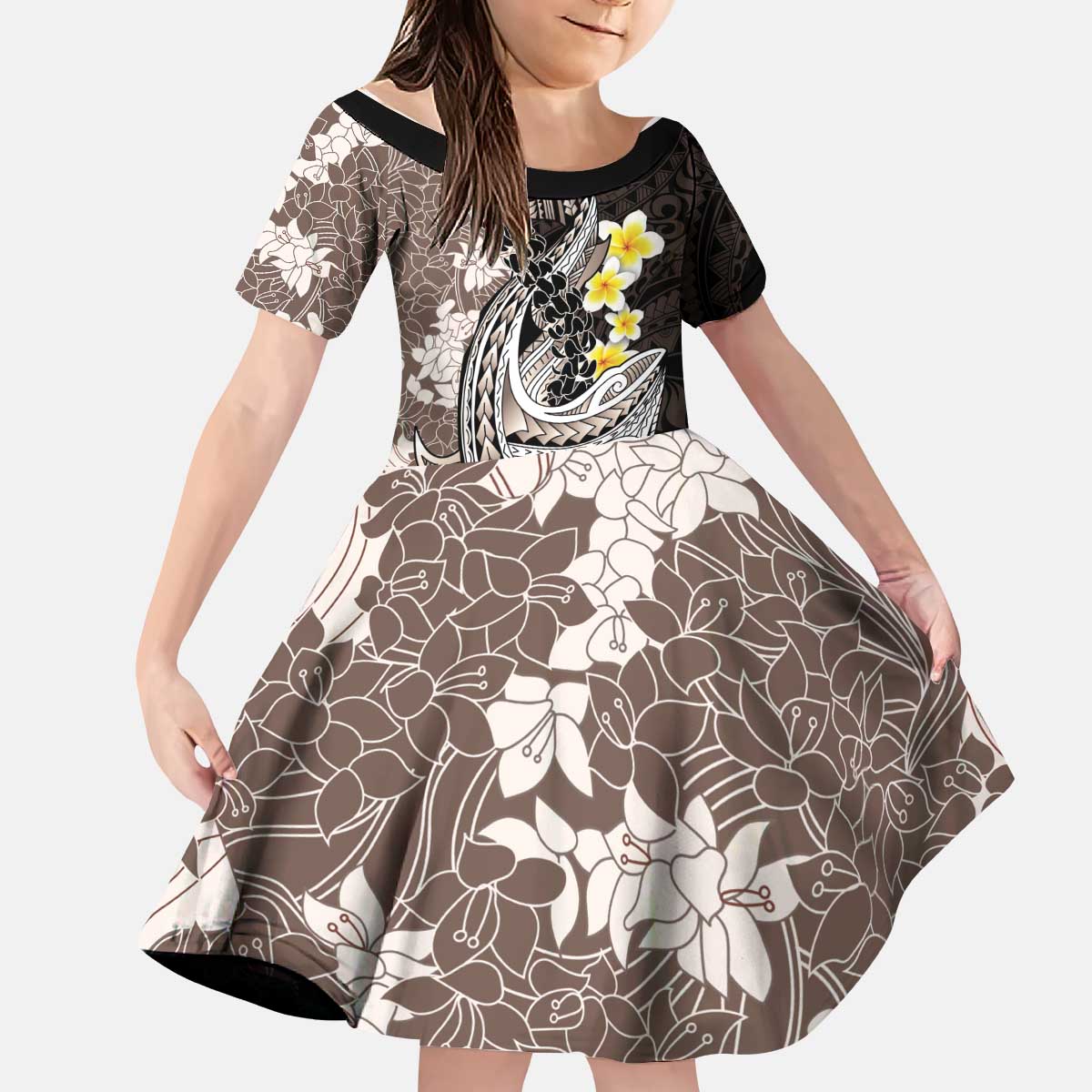 Brown and Black Hawaii Shark Tattoo Kid Short Sleeve Dress Puakenikeni Lei Plumeria Polynesian Pattern - Polynesian Pride