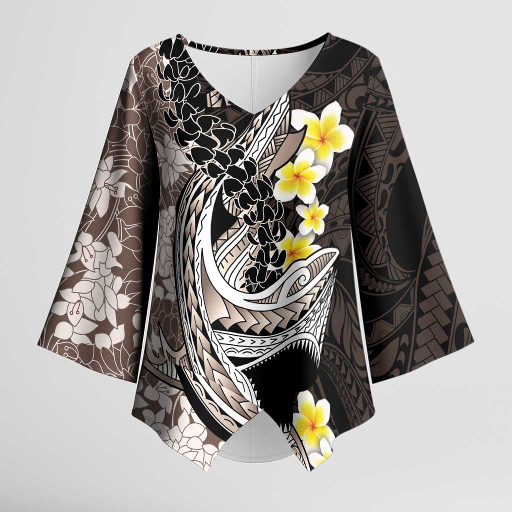 Brown and Black Hawaii Shark Tattoo Kimono Sleeve Blouse Puakenikeni Lei Plumeria Polynesian Pattern - Polynesian Pride
