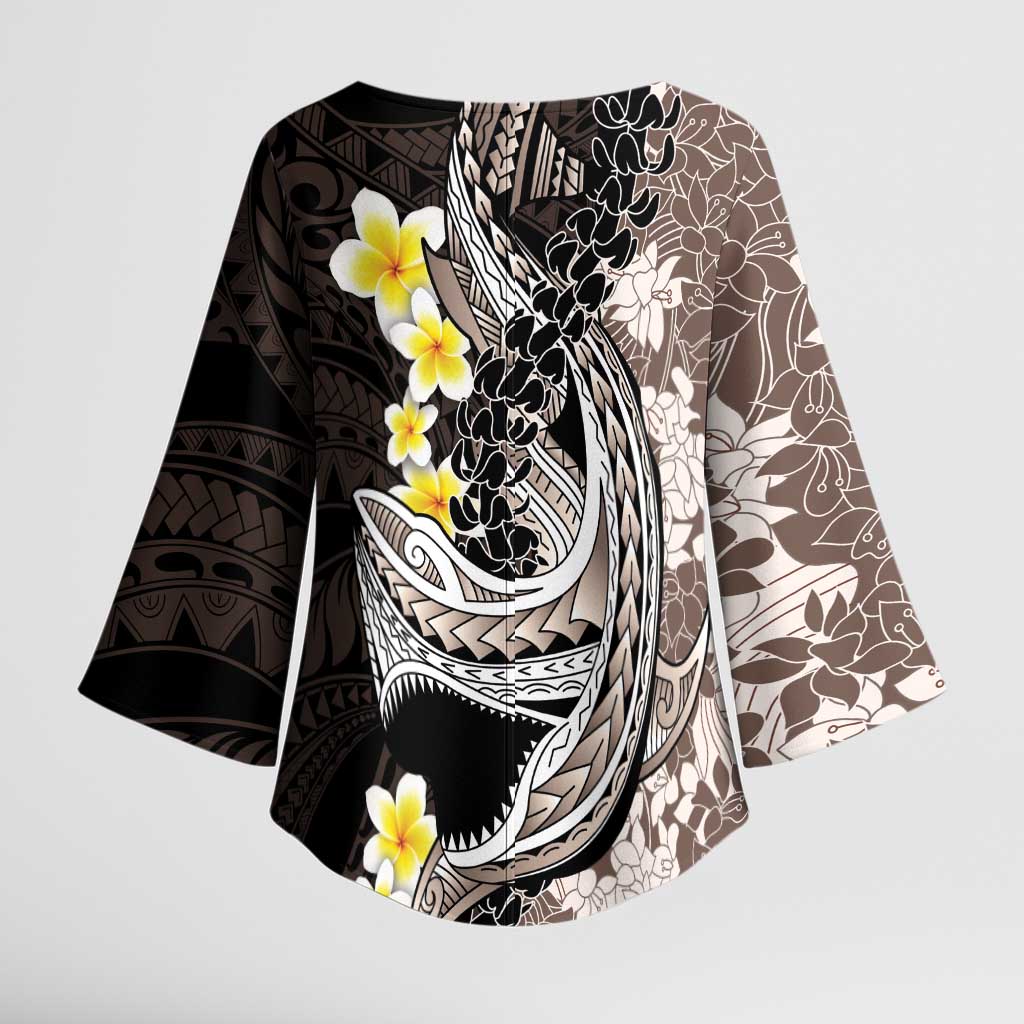 Brown and Black Hawaii Shark Tattoo Kimono Sleeve Blouse Puakenikeni Lei Plumeria Polynesian Pattern - Polynesian Pride