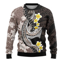 Brown and Black Hawaii Shark Tattoo Ugly Christmas Sweater Puakenikeni Lei Plumeria Polynesian Pattern - Polynesian Pride